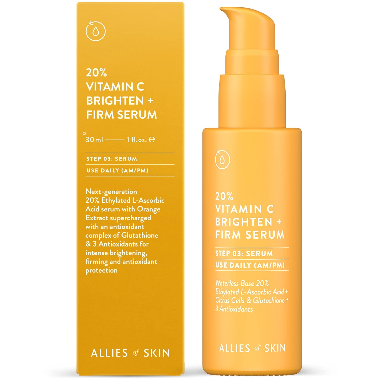 Allies of Skin 20% Vitamin C Brighten + Firm Serum: 20 % ethyllierte L-Ascorbinsäure + Orangenextrakt-Komplex mit Glutathion. Festigt & hellt intensiv auf. Für glatte, elastische Haut 30 ml