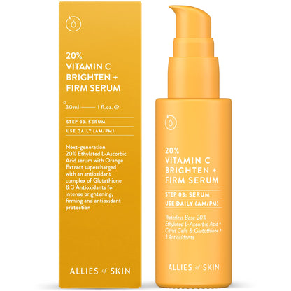 Allies of Skin 20% Vitamin C Brighten + Firm Serum: 20 % ethyllierte L-Ascorbinsäure + Orangenextrakt-Komplex mit Glutathion. Festigt & hellt intensiv auf. Für glatte, elastische Haut 30 ml